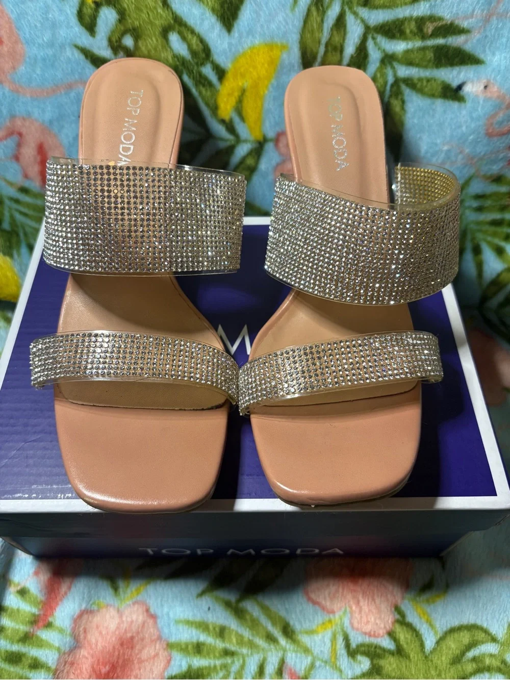 TOP Moda Gold Rhinestone Two-Strap Clear Heel Mules - Picture 2 of 3